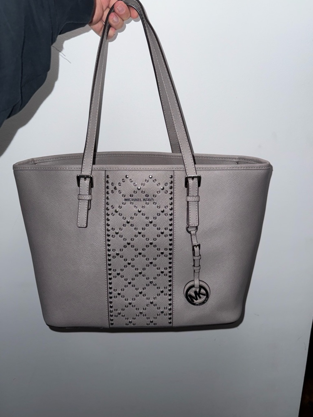 Michael Kors Pearl Gray Studded TZ Leather Tote